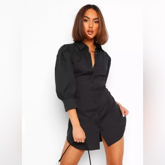NWT—BOOHOO COTTON POPLIN PUFF SLEEVE SHIRT DRESS SZ 4 - Picture 3 of 11